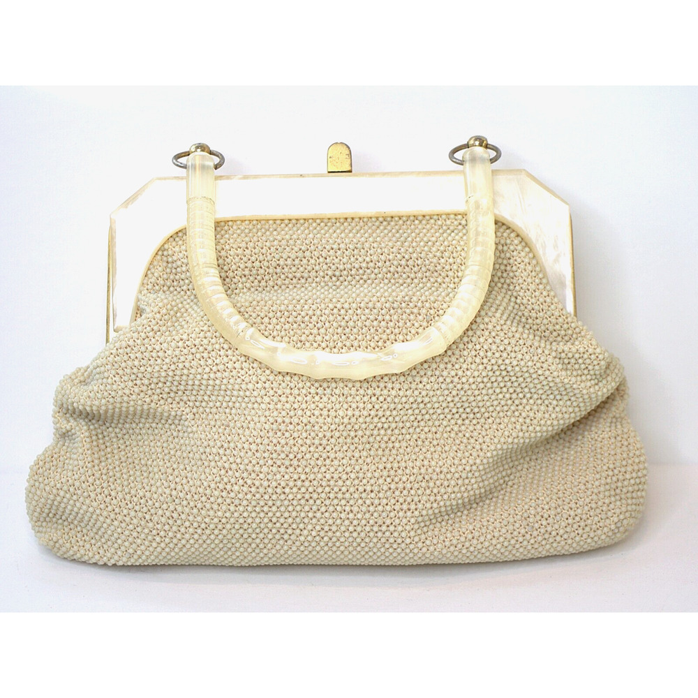 Vintage Midcentury Cream Handbag – Textured Body, Clear Lucite Frame & Handle